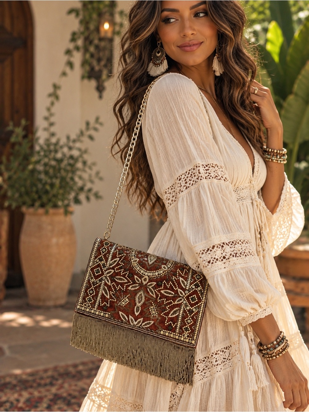 Mary Frances Brown Beaded Fringe Shoulder Bag